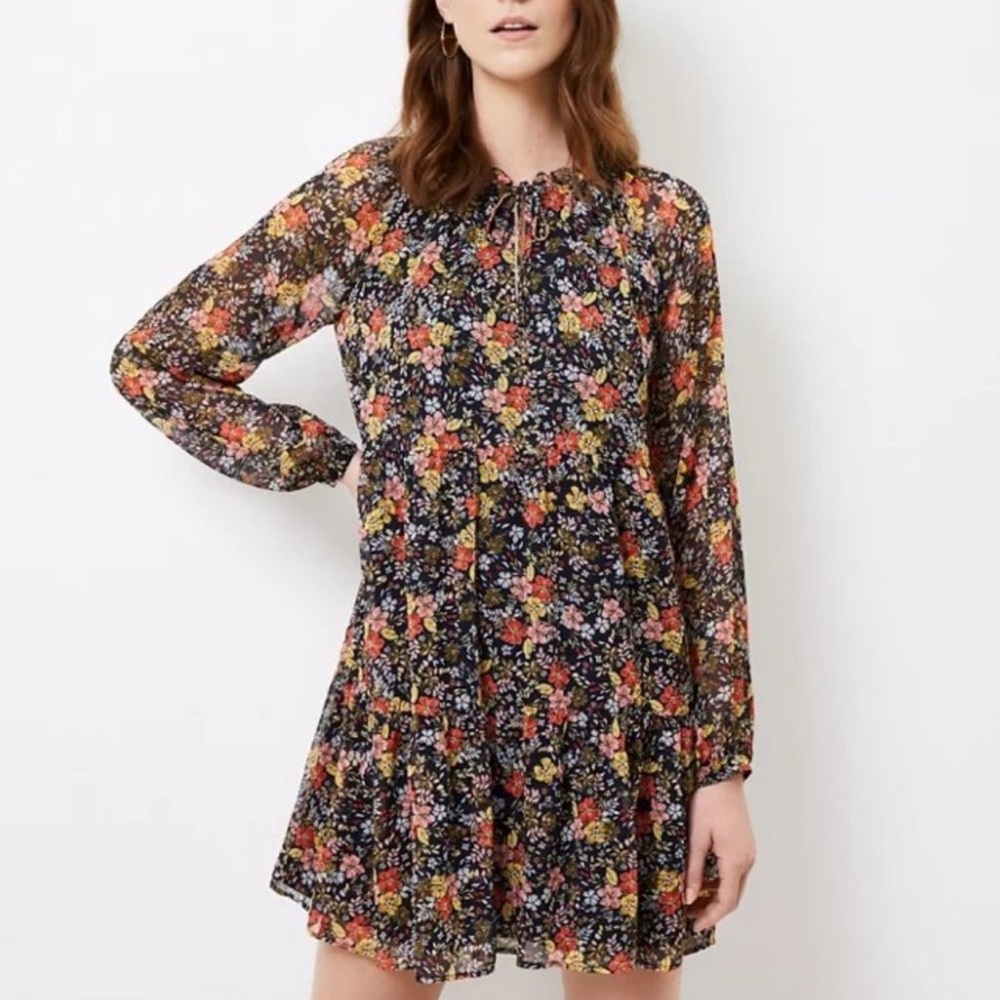 LOFT Floral Tie Neck Swing Dress